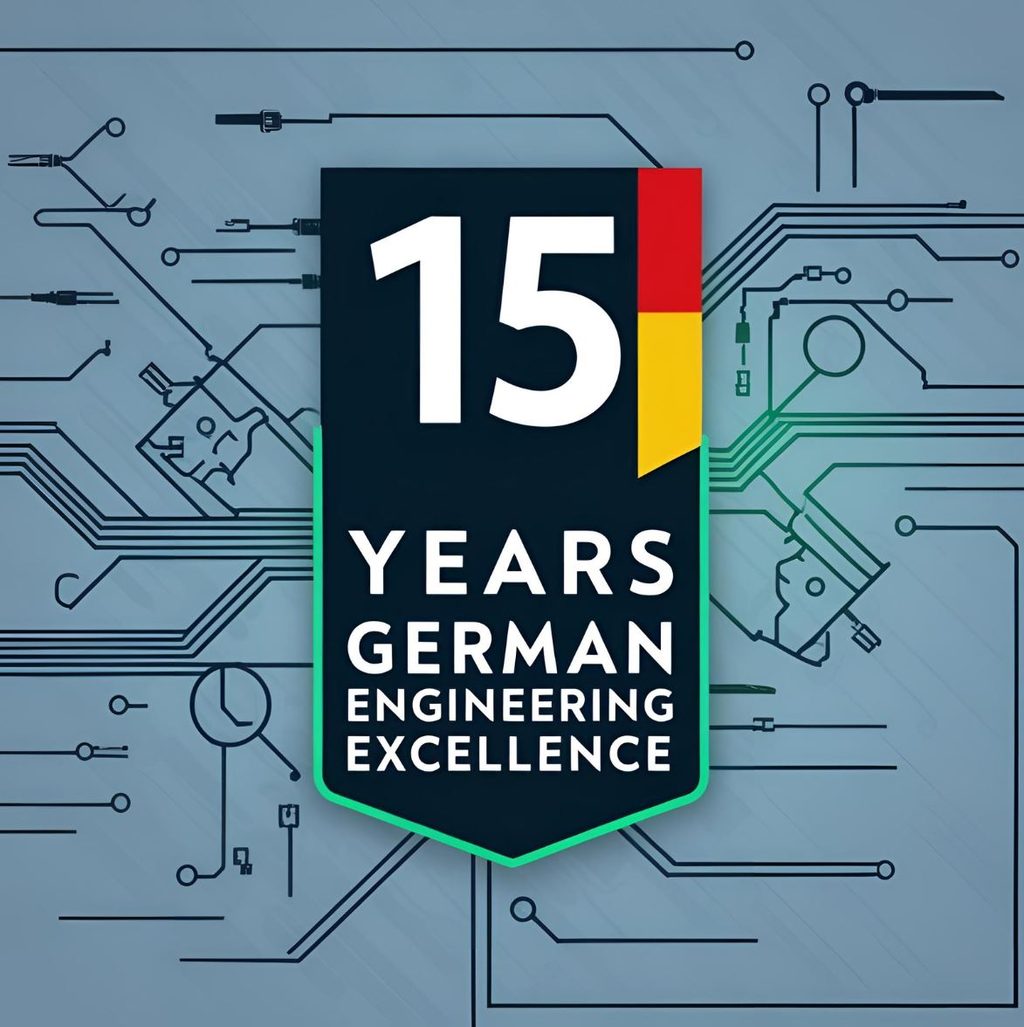 Abzeichen „15 Years German Engineering Excellence" vor einem Leiterplatten-Muster